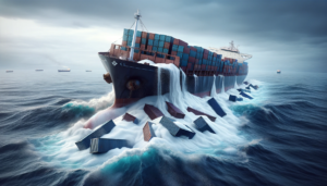 DALL·E 2023-11-29 08.04.19 - A realistic scene at sea showing a cargo ship accident with multiple containers toppled over. Sugar spills out from these containers, creating a white