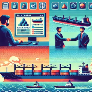 process of chartering a bulk carrier ship. The scene is divided into three main pa