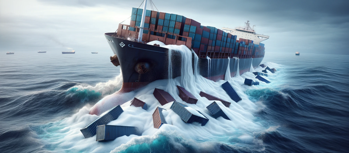 DALL·E 2023-11-29 08.04.19 - A realistic scene at sea showing a cargo ship accident with multiple containers toppled over. Sugar spills out from these containers, creating a white