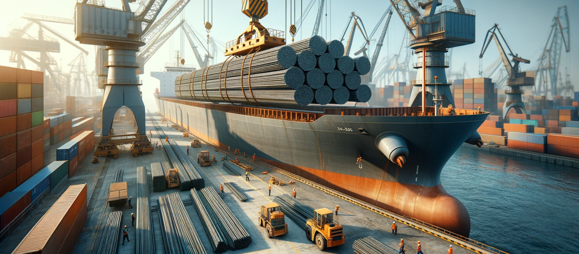 DALL·E-2023-11-29-08.18.54-A-realistic-industrial-scene-at-a-port-showing-the-loading-of-rebars-onto-a-large-bulk-cargo-vessel.-The-rebars-characterized-by-their-long-cylindri