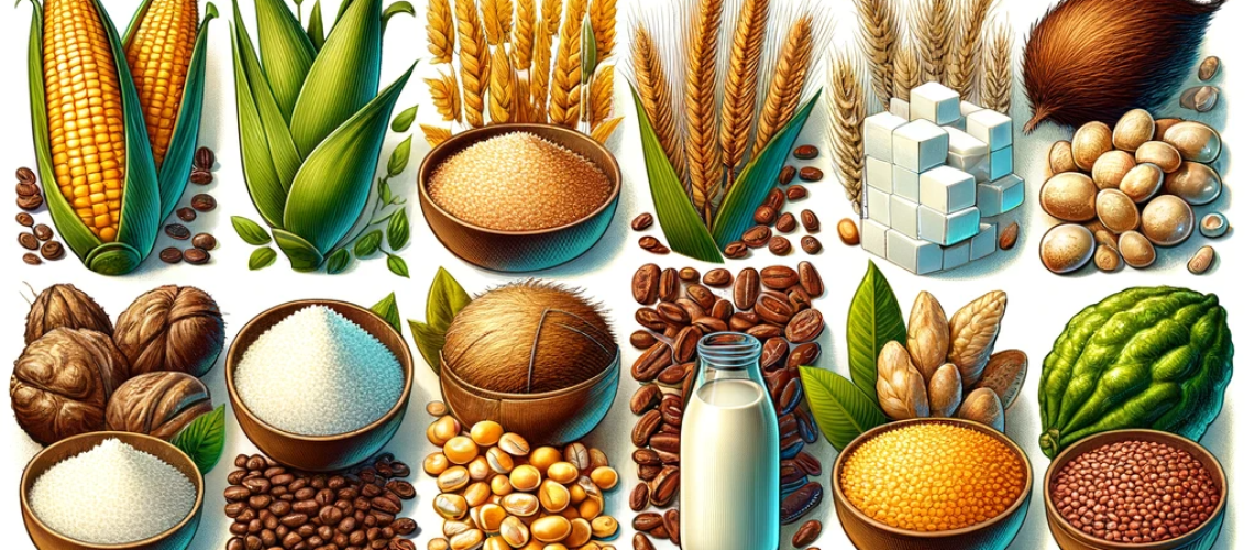 DALL·E-2023-12-04-08.30.17-A-collage-illustrating-the-most-traded-agricultural-commodities-without-text-labels.-Include-illustrations-of-1-Coffee-beans-2-Corn-cobs-3-Wheat