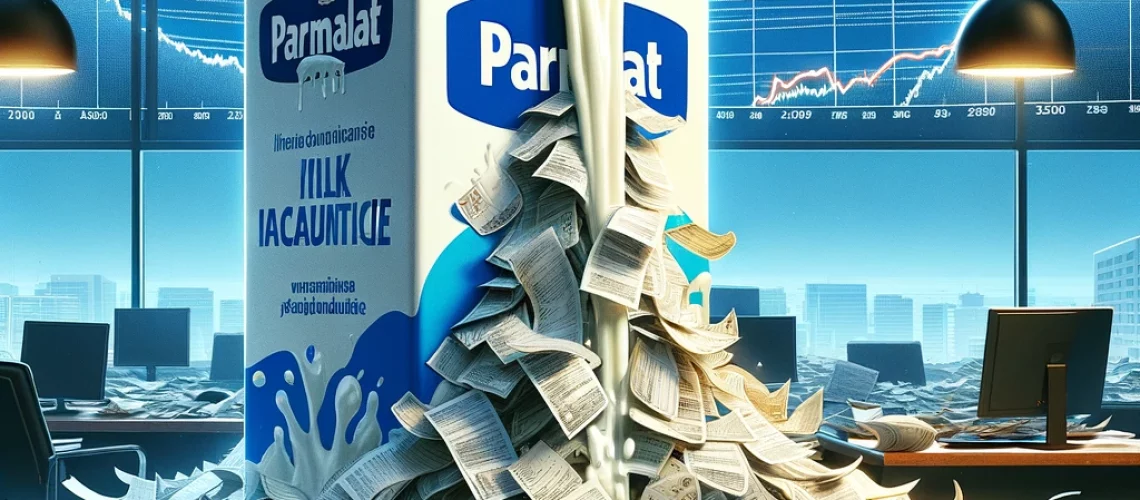 DALL·E-2024-02-26-08.38.44-Illustrate-the-Parmalat-scandal-of-2003-focusing-on-the-theme-of-financial-deception-and-collapse.-Visualize-a-milk-carton-with-the-Parmalat-logo-bu