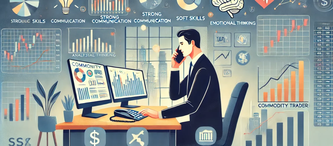 DALL·E 2024-07-25 09.40.32 - An illustration showing a commodity trader at work. The scene includes an office with monitors displaying market trends and economic indicators. The t