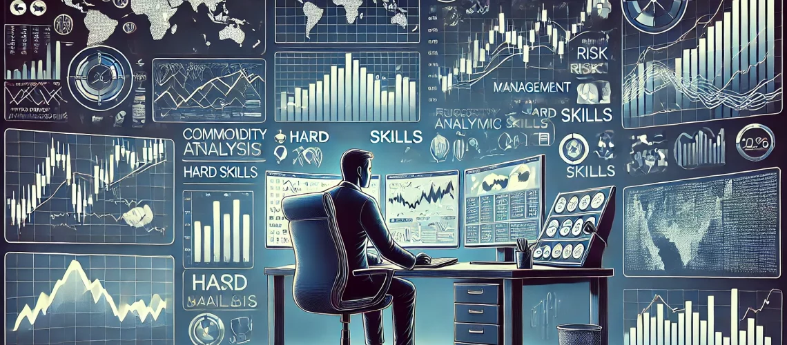 DALL·E 2024-07-25 09.43.21 - An illustration depicting a commodity trader at work with an emphasis on hard skills. The scene includes an office with multiple monitors displaying m