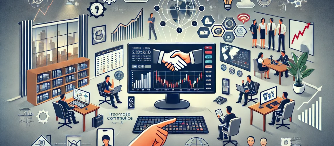 DALL·E 2024-07-25 10.16.40 - An illustration showing the shift to remote work in the commodity trading industry. The scene includes a home office setup with monitors displaying re