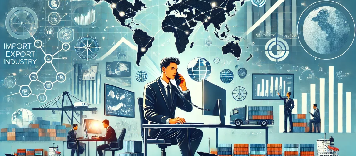 DALL·E 2024-07-25 10.38.45 - An illustration depicting a career in the import_export industry. The scene includes an office with elements of global trade, such as world maps, ship