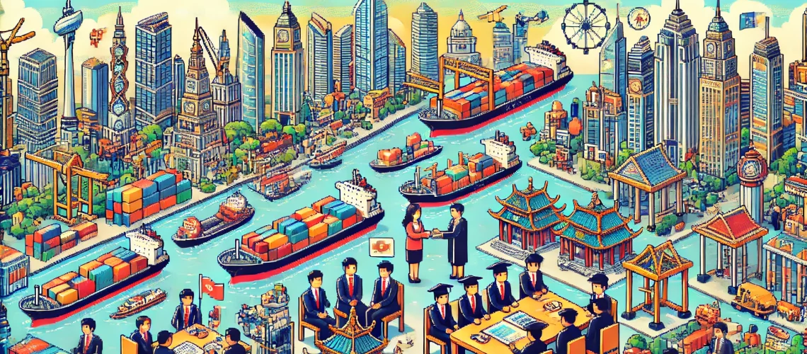 DALL·E 2024-10-25 09.39.06 - Pixel art illustration of breaking into physical commodity trading in Asia. The scene is a vibrant, bustling port city with skyscrapers representing f