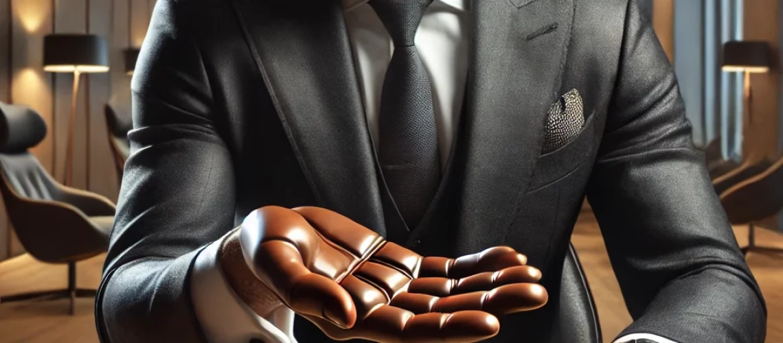 DALL·E 2024-12-03 02.43.00 - A realistic image of a professional trader seated at a desk in a modern office setting, holding a hand-shaped piece of chocolate. The trader is dresse