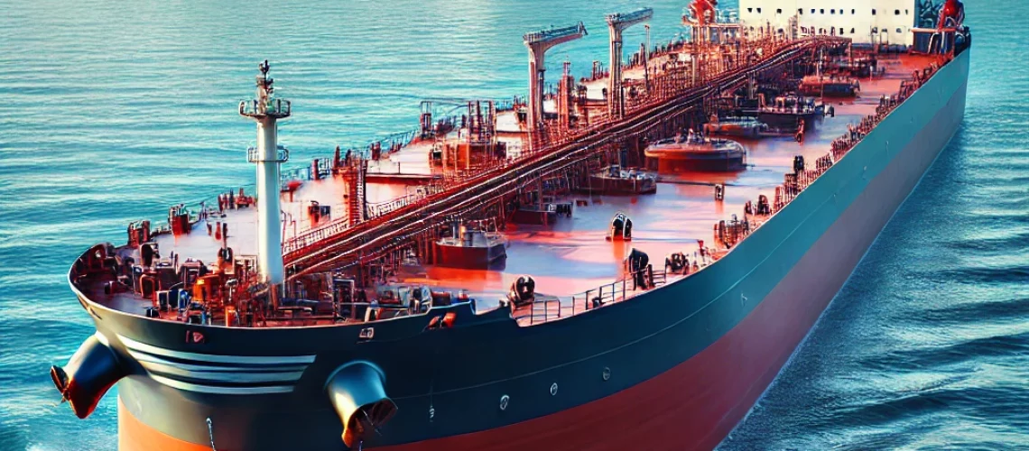 DALL·E 2025-07-29 16.31.37 - A realistic image of a large oil tanker ship sailing in the ocean. The tanker is painted red on the lower hull and black on the upper structure, with