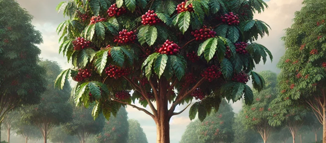 DALL·E 2025-07-29 23.35.28 - A highly realistic and detailed image of a mature coffee tree in a tropical plantation setting. The tree has dark green, glossy leaves and clusters of