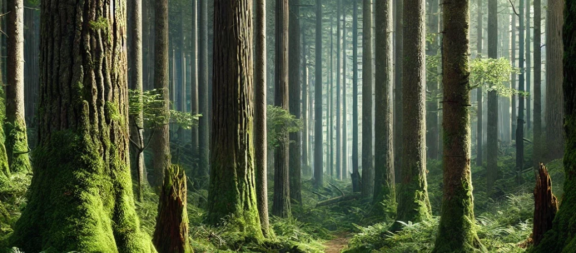 DALL·E 2025-07-29 23.38.36 - A highly realistic and detailed image of a dense forest. The scene features tall trees with thick, textured bark and vibrant green foliage. Sunlight f