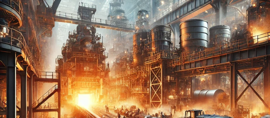 DALL·E 2025-07-29 23.51.48 - A highly realistic and detailed image of a steel factory interior. The scene shows massive machinery, furnaces with glowing molten metal, conveyor bel