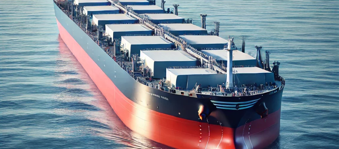 DALL·E 2025-07-30 00.05.49 - A highly realistic and detailed image of a Panamax vessel at sea. The large cargo ship is shown in full, with a red and black hull, white superstructu