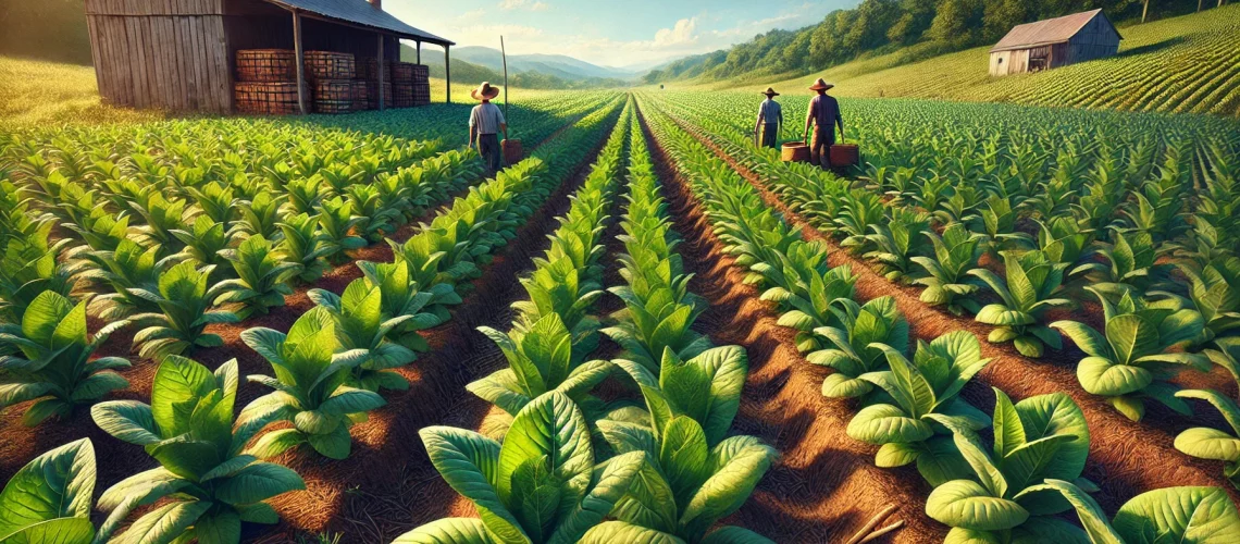 DALL·E 2025-07-30 04.08.49 - A realistic tobacco field under a clear blue sky. Rows of mature tobacco plants with large, broad green leaves stretch into the distance. The soil is