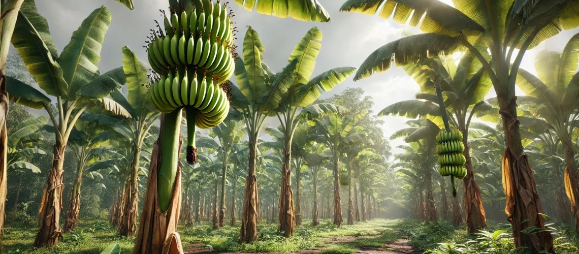 DALL·E 2025-07-30 04.21.44 - A realistic scene of banana trees in a tropical plantation. The banana trees have tall, thick green stalks and large, broad leaves with natural tears