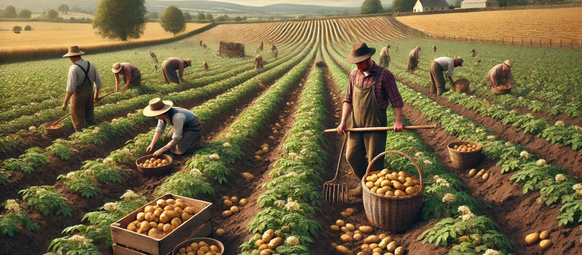 DALL·E 2025-07-30 04.25.45 - A realistic scene of a potato field during harvest. Farmers are working in the field, using tools like hoes and small spades to dig up potatoes from t