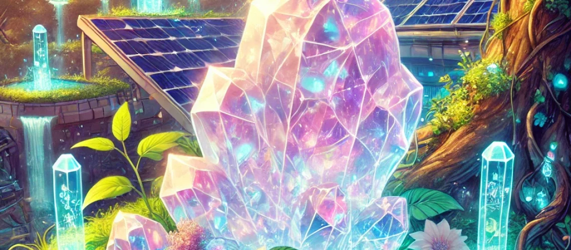 DALL·E 2025-11-14 08.10.07 - A solarpunk anime-style illustration featuring a beautiful quartz mineral. The quartz is large, luminous, and partially translucent with soft pastel h