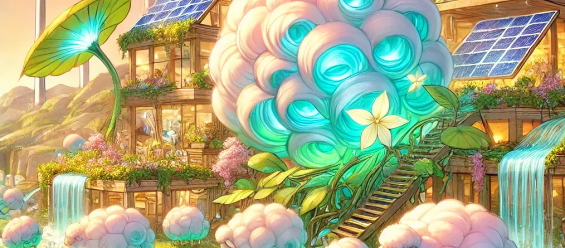 DALL·E 2025-11-14 08.12.35 - A solarpunk anime-style illustration featuring soft, fluffy wool in an imaginative and futuristic natural setting. The wool is artistically arranged i