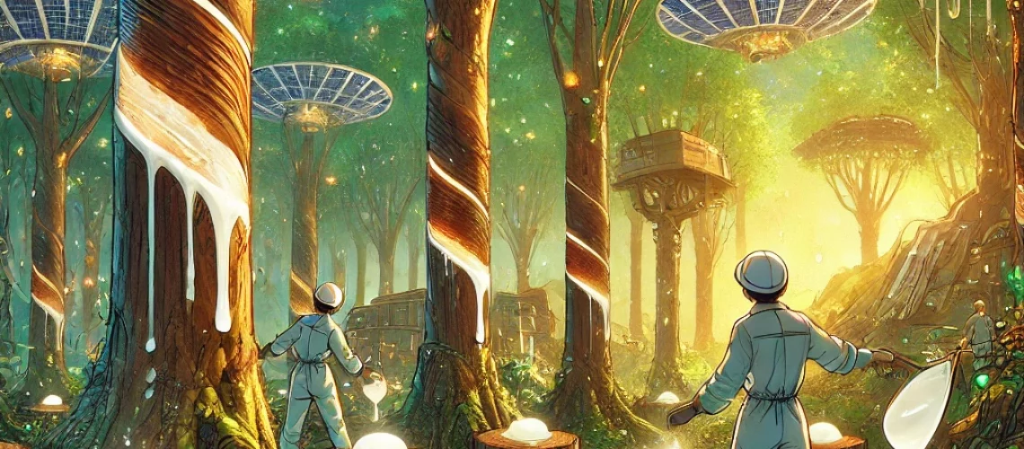DALL·E 2025-11-14 08.14.58 - A solarpunk anime-style illustration showing natural rubber being harvested from trees in a futuristic eco-utopia. The scene features lush rubber tree