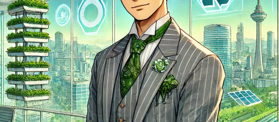 DALL·E 2025-11-14 11.42.35 - A solarpunk anime-style illustration of a Southeast Asian businessman inspired by Martua Sitorus. The man is in his late 50s, with a warm but serious