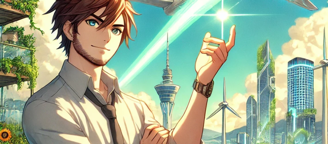 DALL·E 2025-11-14 12.00.32 - A solarpunk anime-style illustration inspired by a scene with a man in the foreground holding a small microphone and gesturing with one hand. He has s