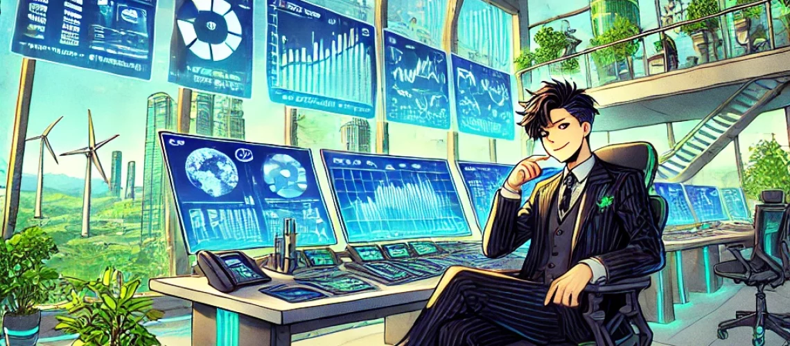 DALL·E 2025-11-14 12.12.17 - A solarpunk anime-style illustration inspired by the world of high-stakes commodity trading. A confident young trader sits at a futuristic workstation