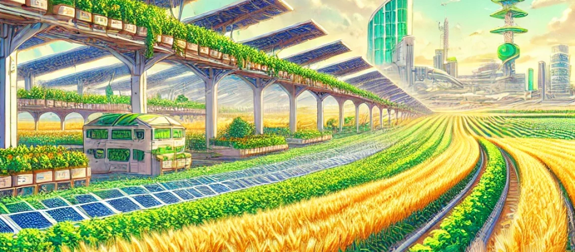 DALL·E 2025-11-14 12.53.47 - A solarpunk anime-style illustration of barley growing in a futuristic, sustainable environment. The golden barley plants sway gently in the breeze on