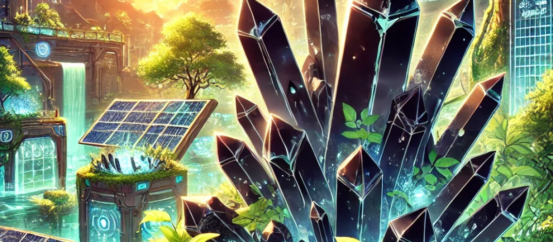 DALL·E 2025-11-14 14.35.34 - A solarpunk anime-style illustration of wolframite, a black and metallic mineral, displayed in a futuristic eco-friendly setting. The wolframite cryst