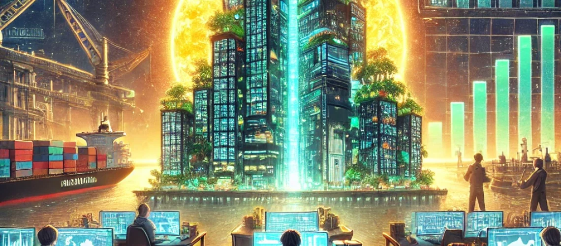DALL·E 2025-11-14 14.41.00 - A solarpunk anime-style illustration representing the rise and struggle of a small commodity trading firm trying to scale in a futuristic, sustainable