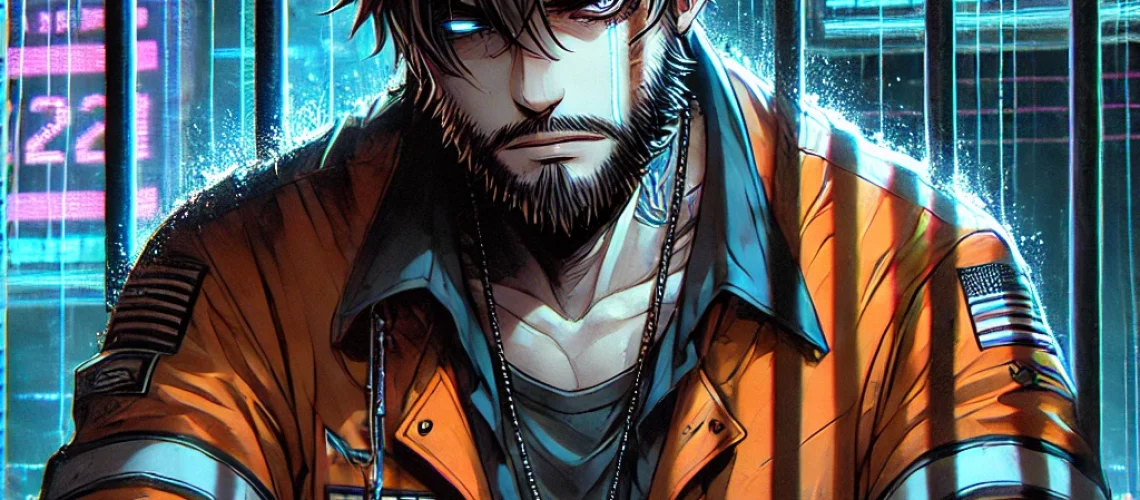 DALL·E 2025-11-14 14.49.08 - A cyberpunk anime-style illustration of a rugged male character resembling a fallen trader or hacker, sitting in a futuristic jail cell. He has a tire
