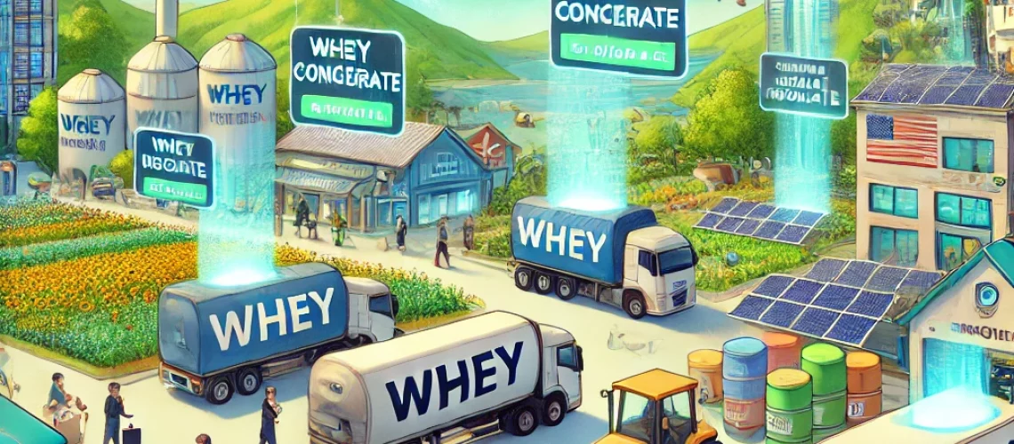 DALL·E 2025-11-14 14.54.41 - A solarpunk anime-style illustration representing the global trading of whey powder in a sustainable future. The scene shows a vibrant international m